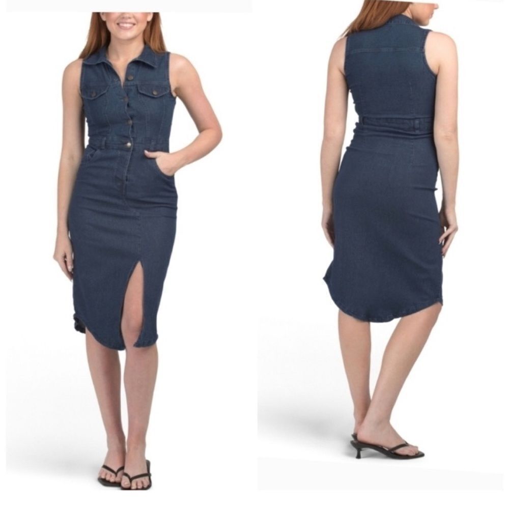 Bebe Sleeveless Blue Button Distressed Pockets Denim Midi Dress Boho Western - Picture 3 of 15
